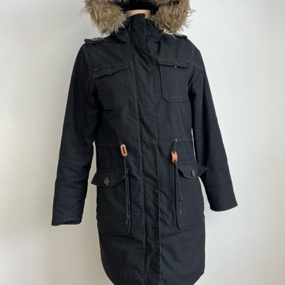 Elvine Women’s Small Black Long Overcoat Parka Jacket Faux Fur Hooded - Picture 2 of 10